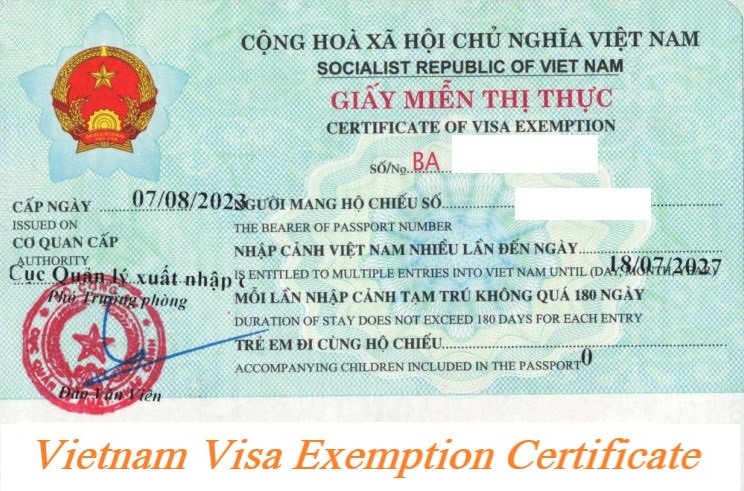 Vietnam Visa Exemption Certificate (5 year visa)
